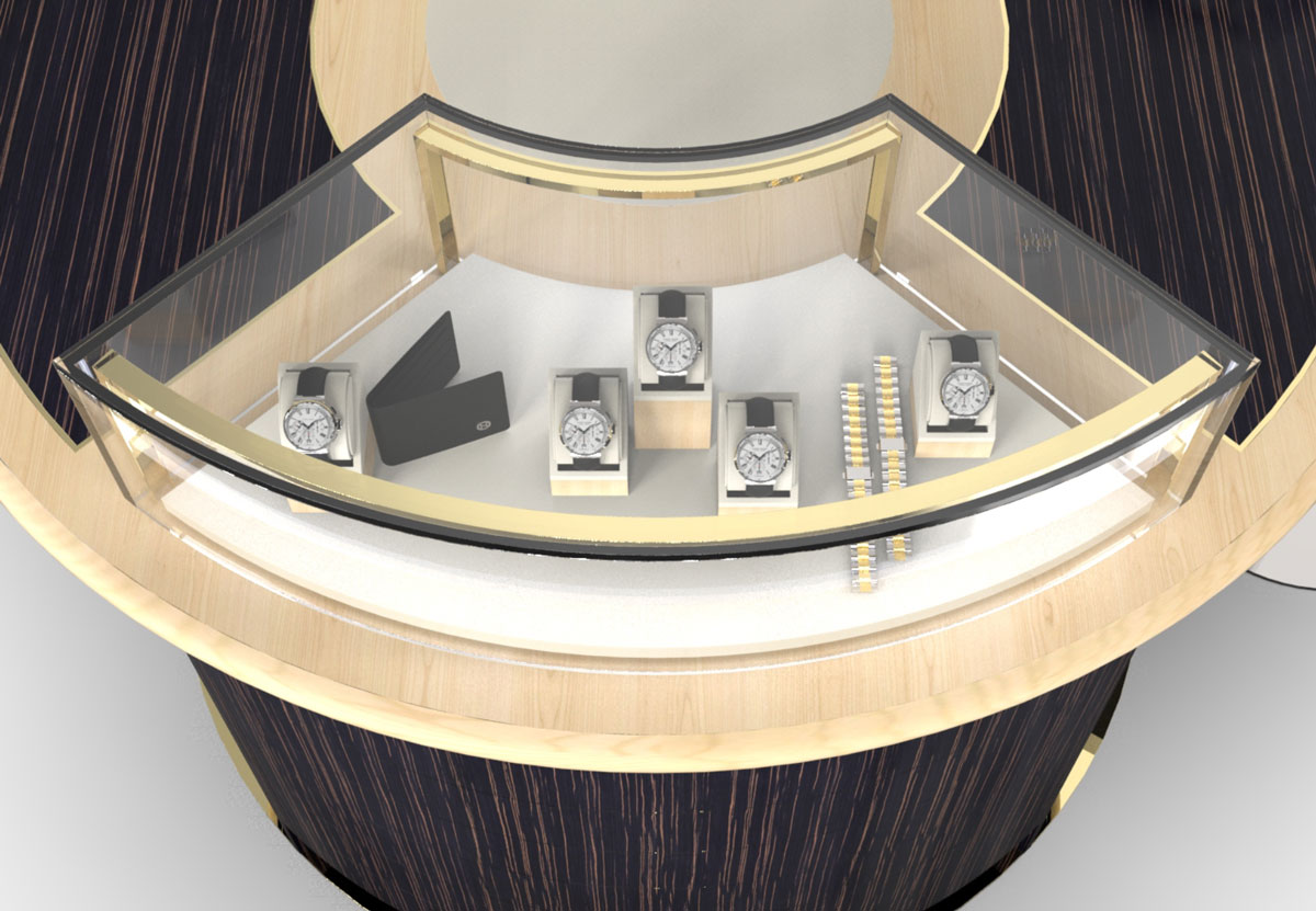 Vitrine circulaire d’un espace de vente horloger
